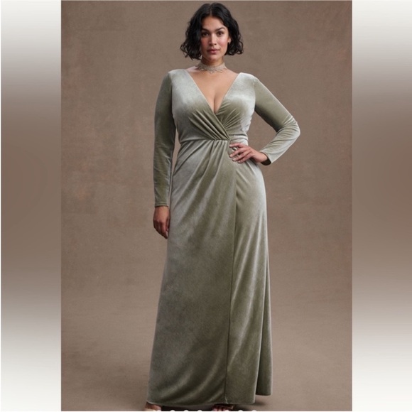 Jenny Yoo Dresses & Skirts - Anthropologie Jenny Yoo Ryland V-neck Long Slv Sage Open Back Velvet Gown, Sz 20
